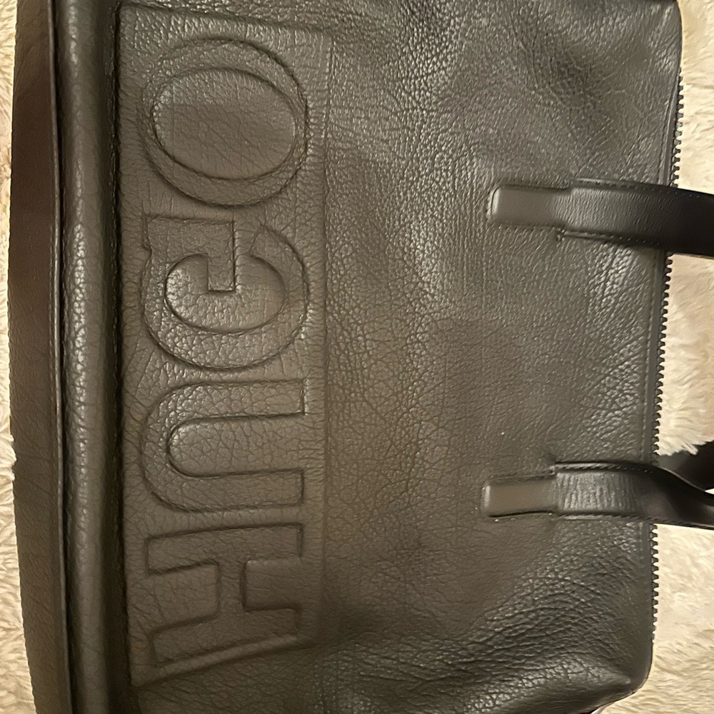 HUGO Black Leather Duffel Bag with Structured Design